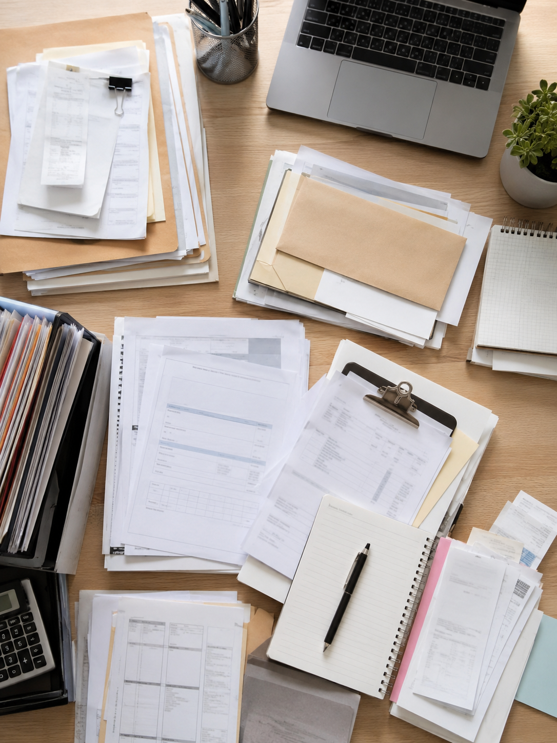 Photographie verticale d'une table de réunion en bois avec un carnet de bord ouvert et un stylo sur fond flouté des gratte-ciels de La Défense pour la FAQ de France Strategy.