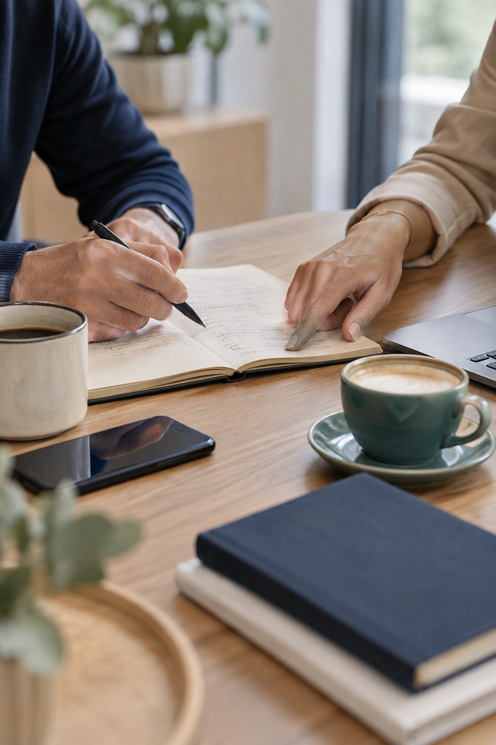 Mains autour d’un carnet pendant un échange de travail