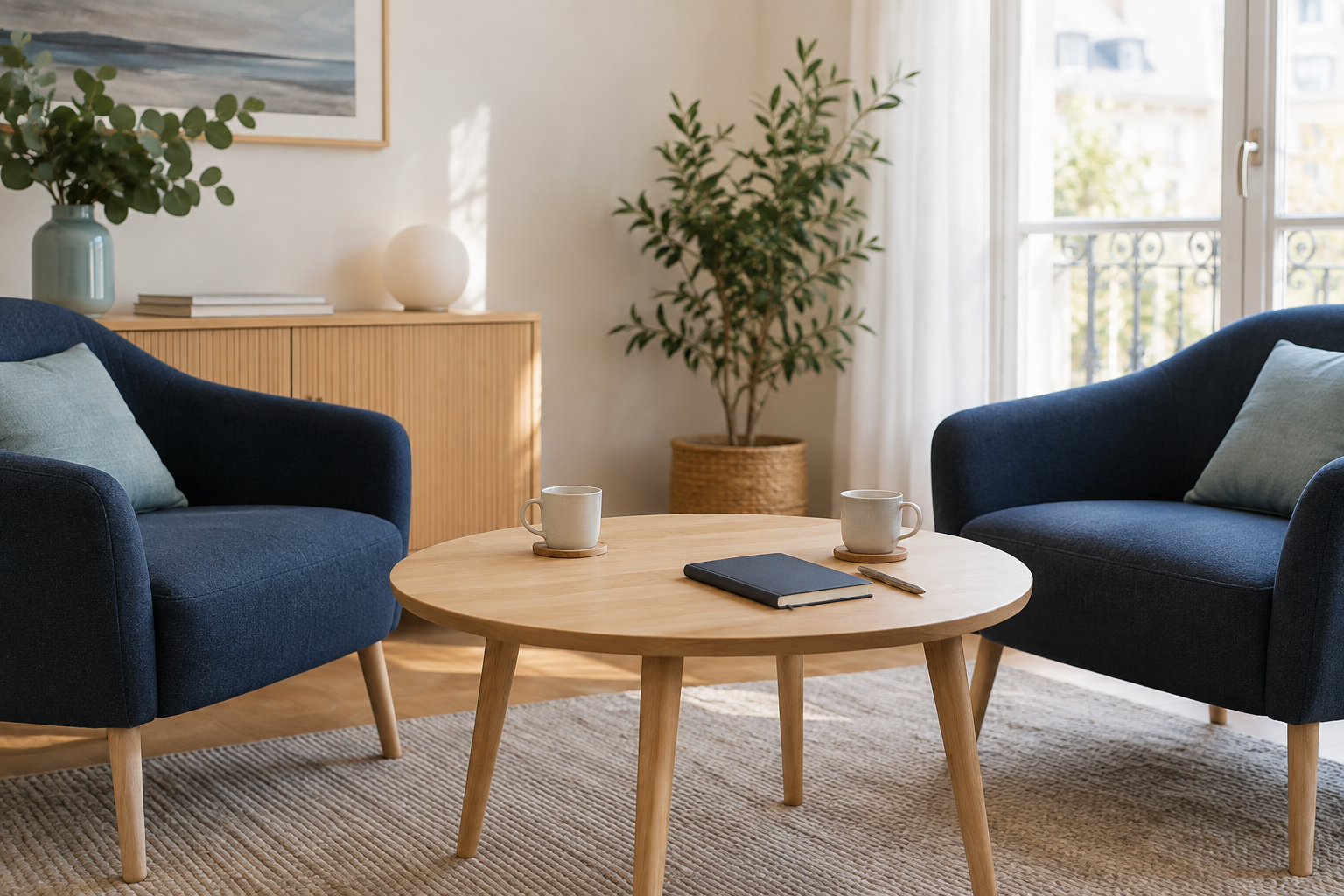 Espace de rendez-vous avec deux fauteuils autour d’une table