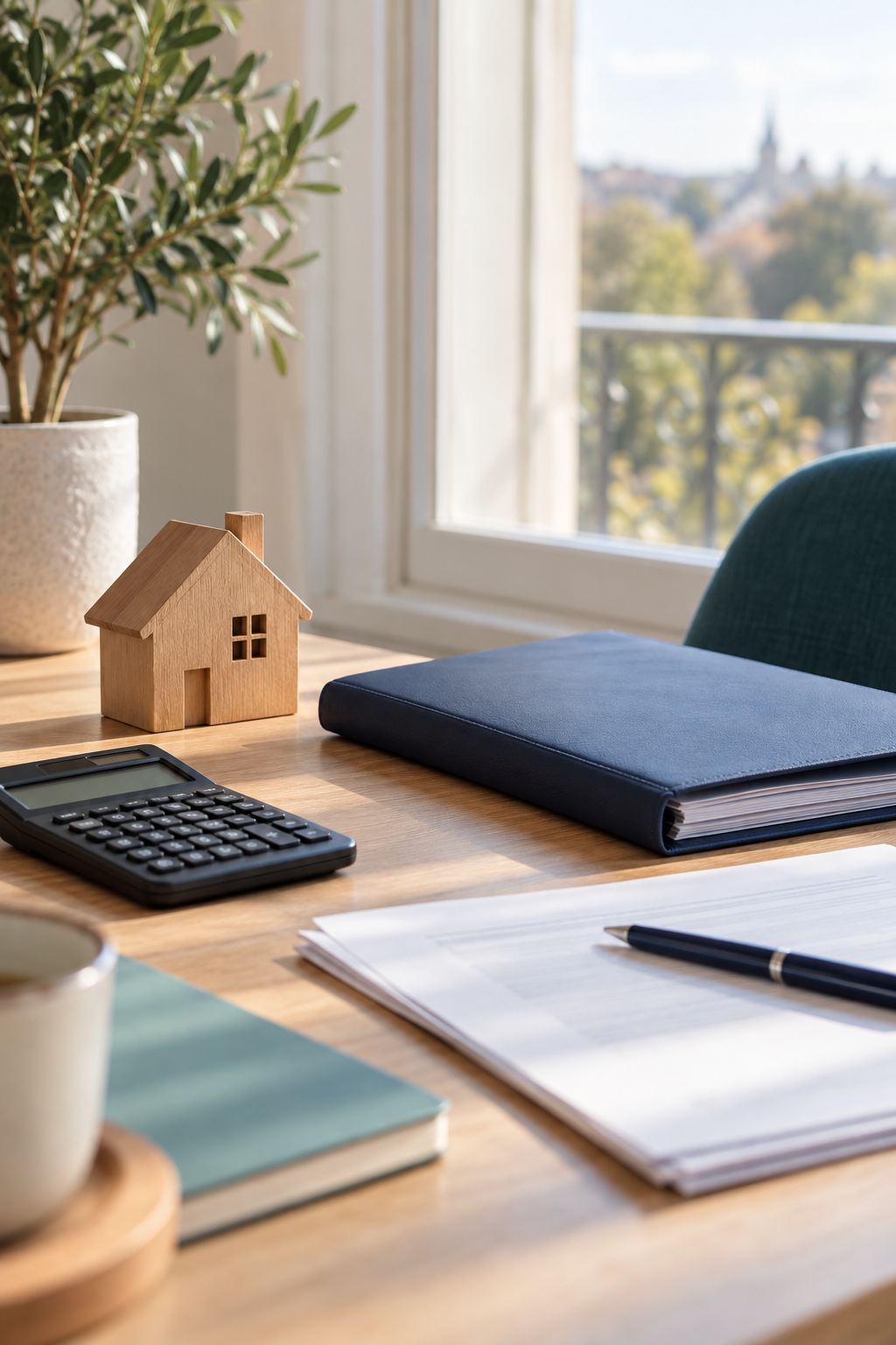 Maison miniature, dossier familial et calculatrice